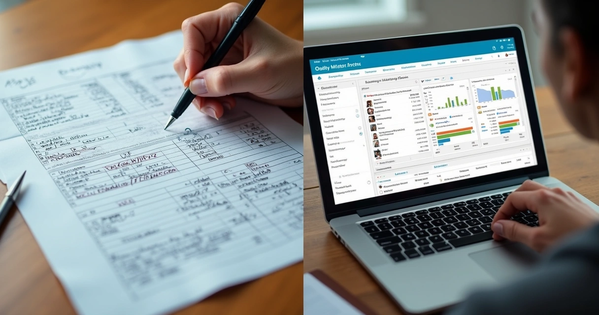Comparação de uma planilha caótica com uma tela de sistema organizado