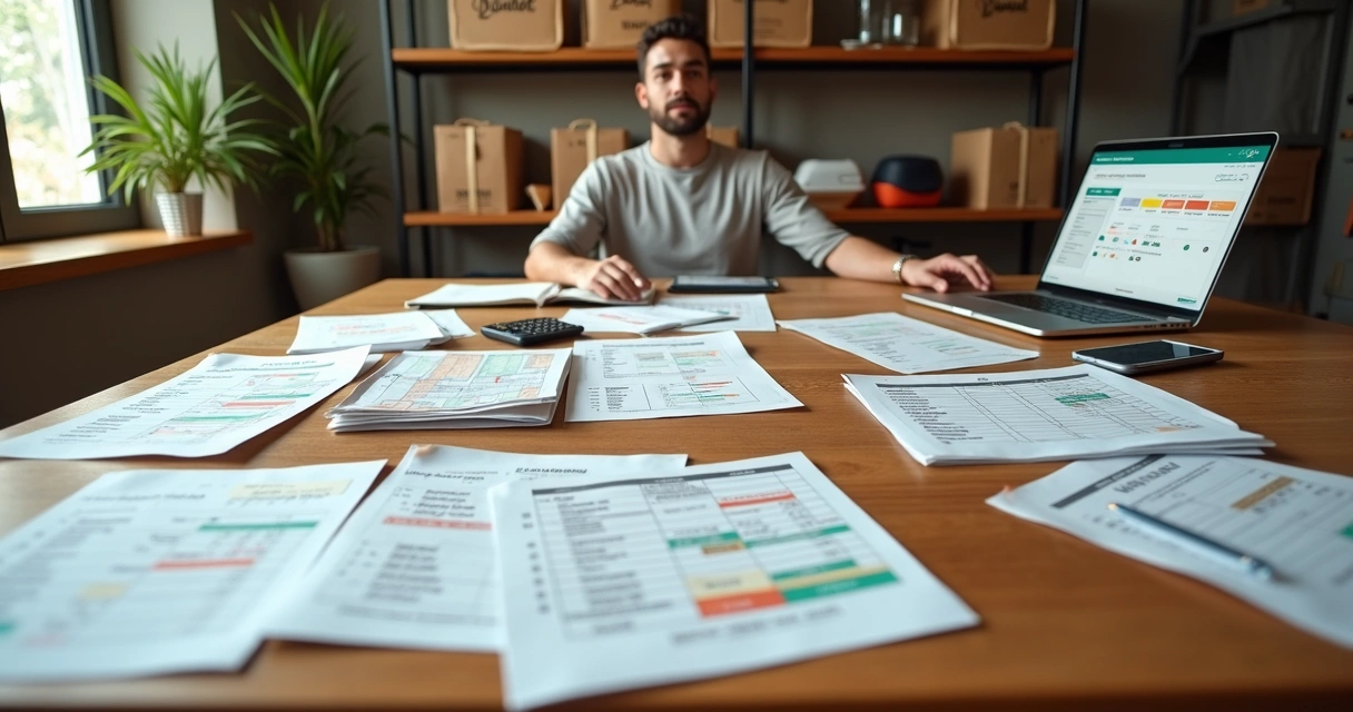 Dono de delivery comparando planilha em papel com sistema digital de gestão na tela do laptop 