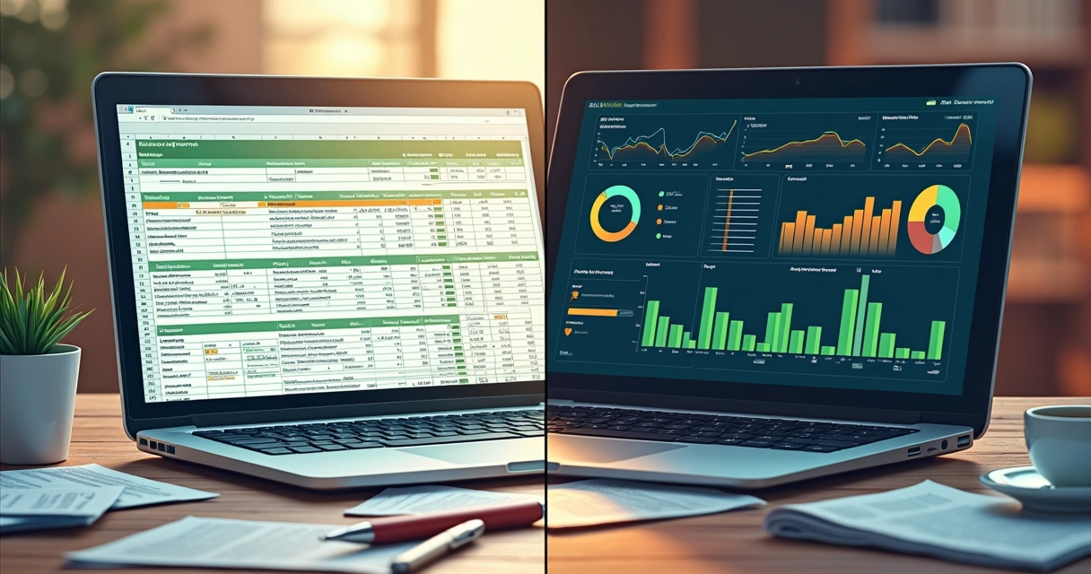 Divisão visual entre planilha digital e tela de software financeiro