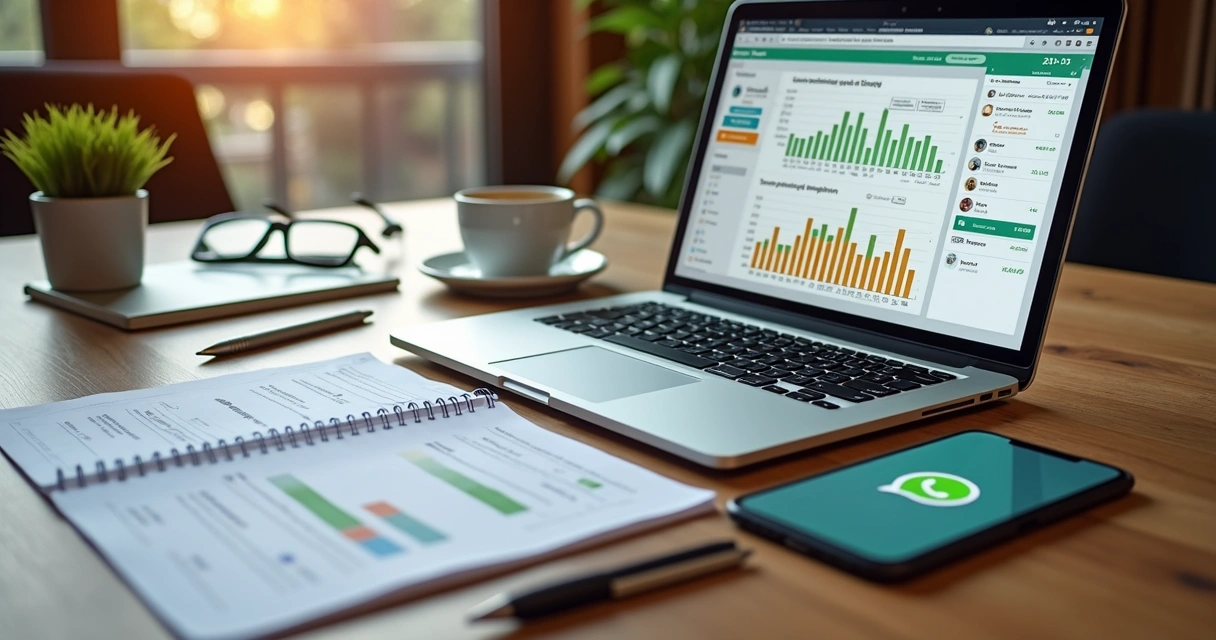 Mesa de trabalho com notebook aberto mostrando planilha financeira, smartphone com app de finanças e uma tela de assistente financeiro no WhatsApp 