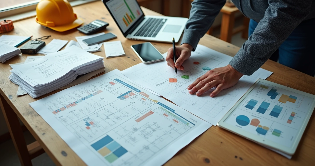 Comparação entre planilhas em papel e consultor analisando gestão de pequena obra 