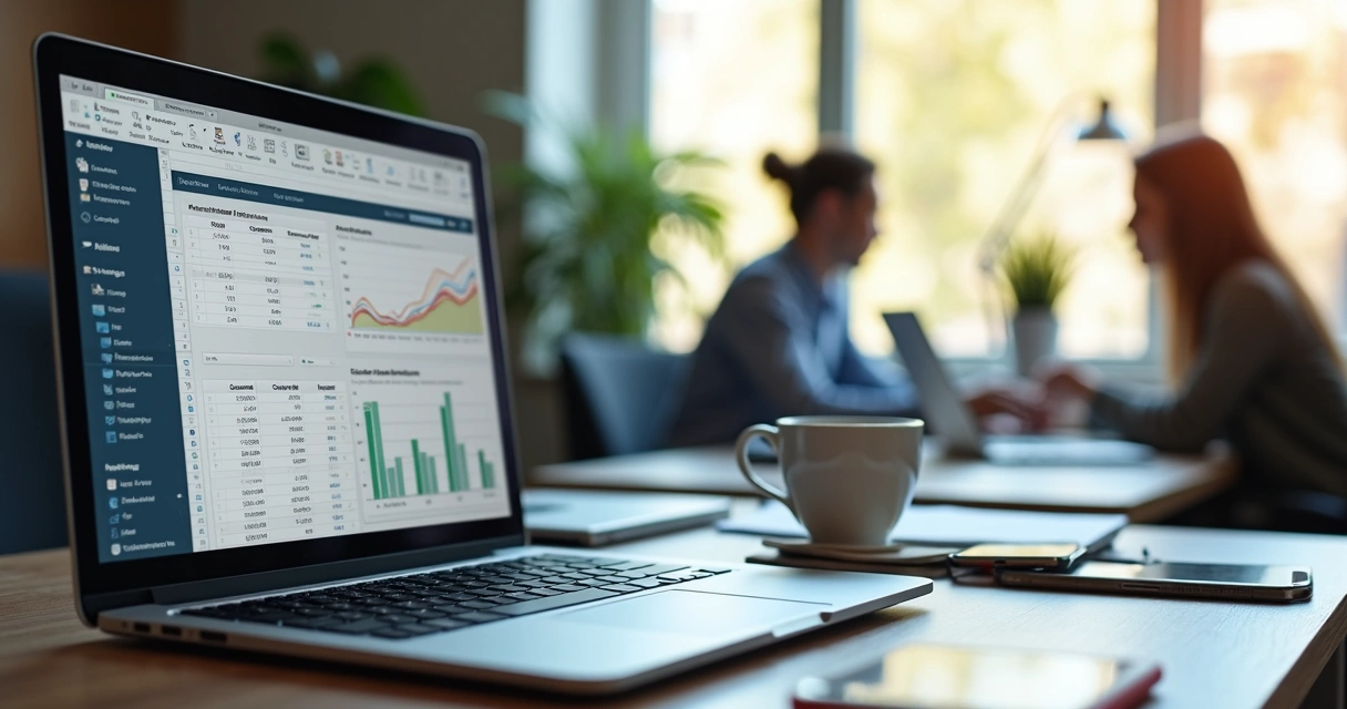 Computador mostrando comparação entre planilhas tradicionais e plataforma digital para gestão de imóveis de leilão 