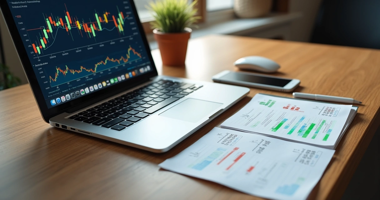 Mesa de trabalho com laptop mostrando gráficos, planilha aberta ao lado com anotações e um smartphone com alertas de plataforma online 