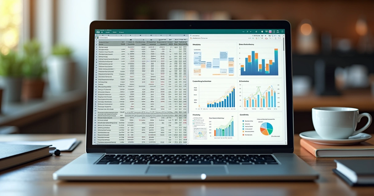Computador exibindo lado a lado planilha complexa e plataforma digital intuitiva com gráficos coloridos 
