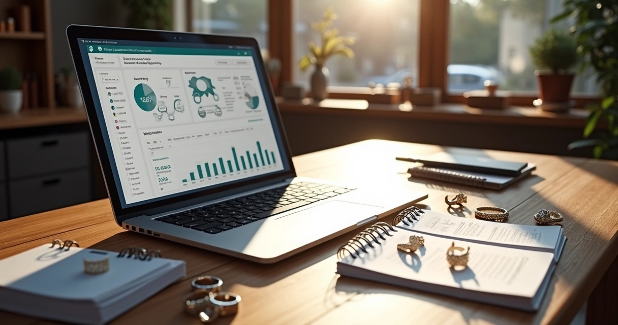 Mesa com notebook aberto mostrando software de gestão ao lado de caderno com planilhas manuais e várias semijoias ao redor 