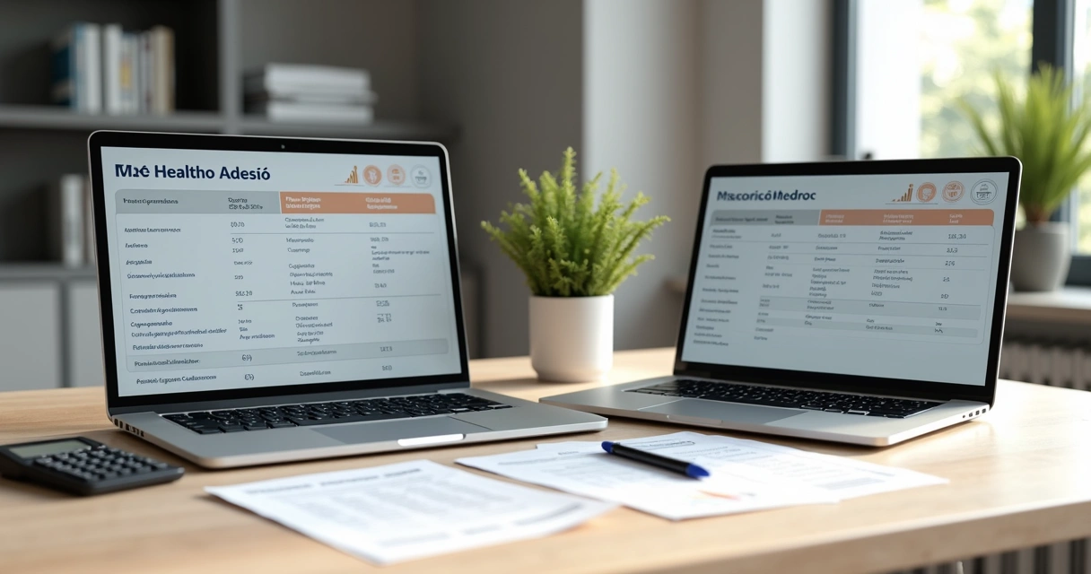 Mesa com documentos e dispositivos tecnológicos mostrando comparação entre planos de saúde por adesão e coletivos 