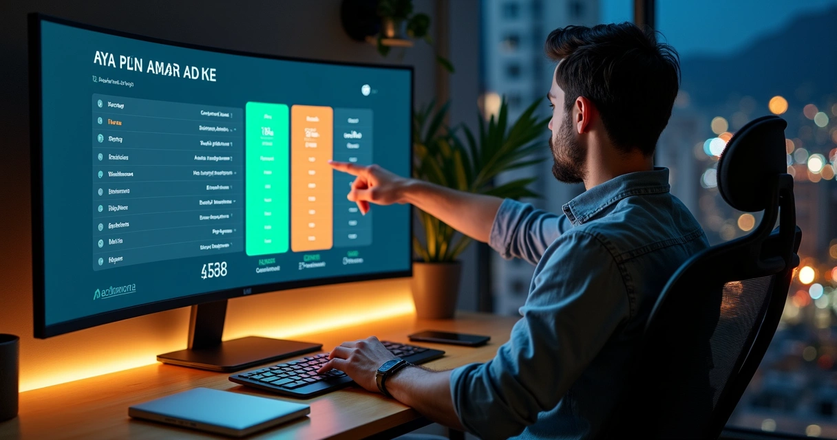 Profissional avaliando comparação de preços de APIs de open banking em tela grande 