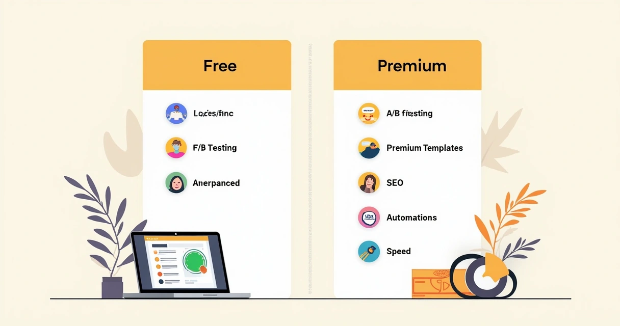 Tabela ilustrativa comparando recursos entre planos gratuitos e pagos de landing pages 