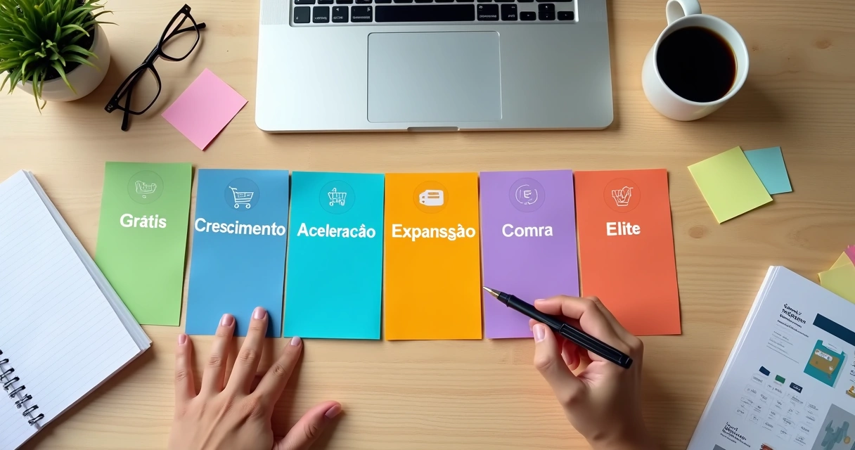 Mesa com cinco cartões coloridos representando diferentes planos de loja virtual 