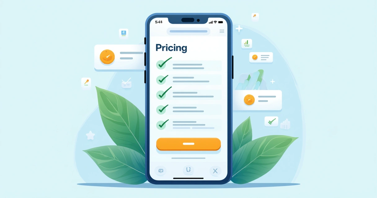 Tela de celular com cartões de planos e checklist visual 