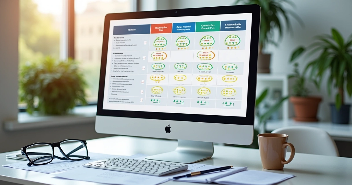 Mesa com papéis e computador mostrando tabelas de comparação de planos de saúde 