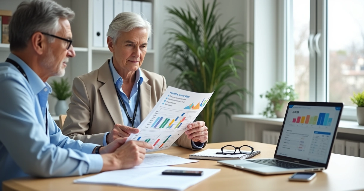 Casal maduro analisa comparativo de planos de saúde com consultora 