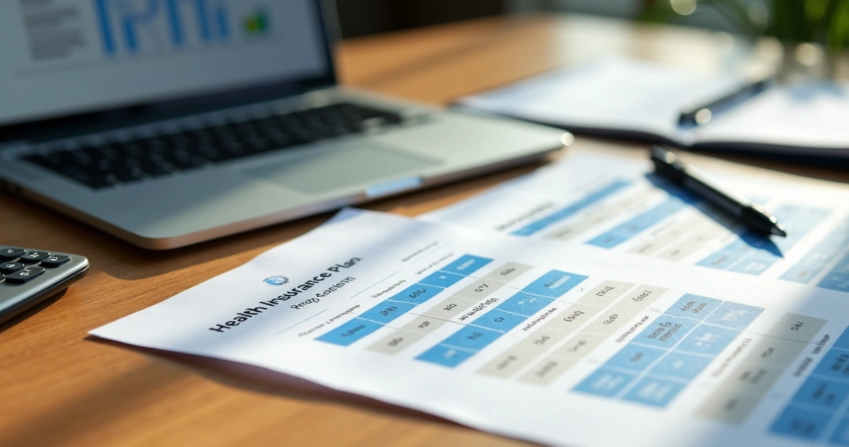 Mesa com papéis de tabelas de planos de saúde, calculadora, caneta e laptop, ambiente claro e organizado 