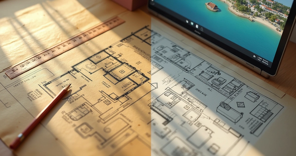 Comparativo entre planta antiga desenhada à mão e planta moderna em 3D 