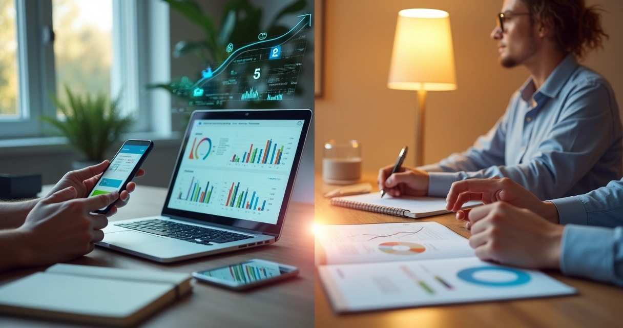 Comparação visual entre plataforma financeira digital e reunião com consultor financeiro 