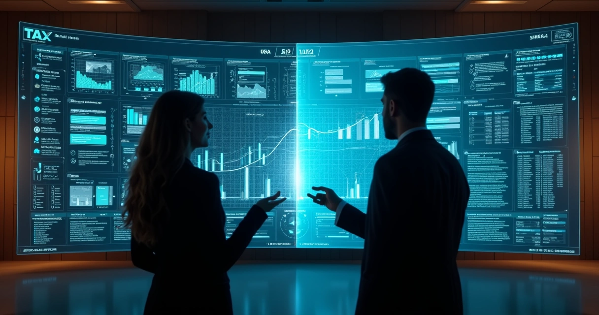 Painel digital dividido comparando dados fiscais inteligentes com sistema ERP tradicional 