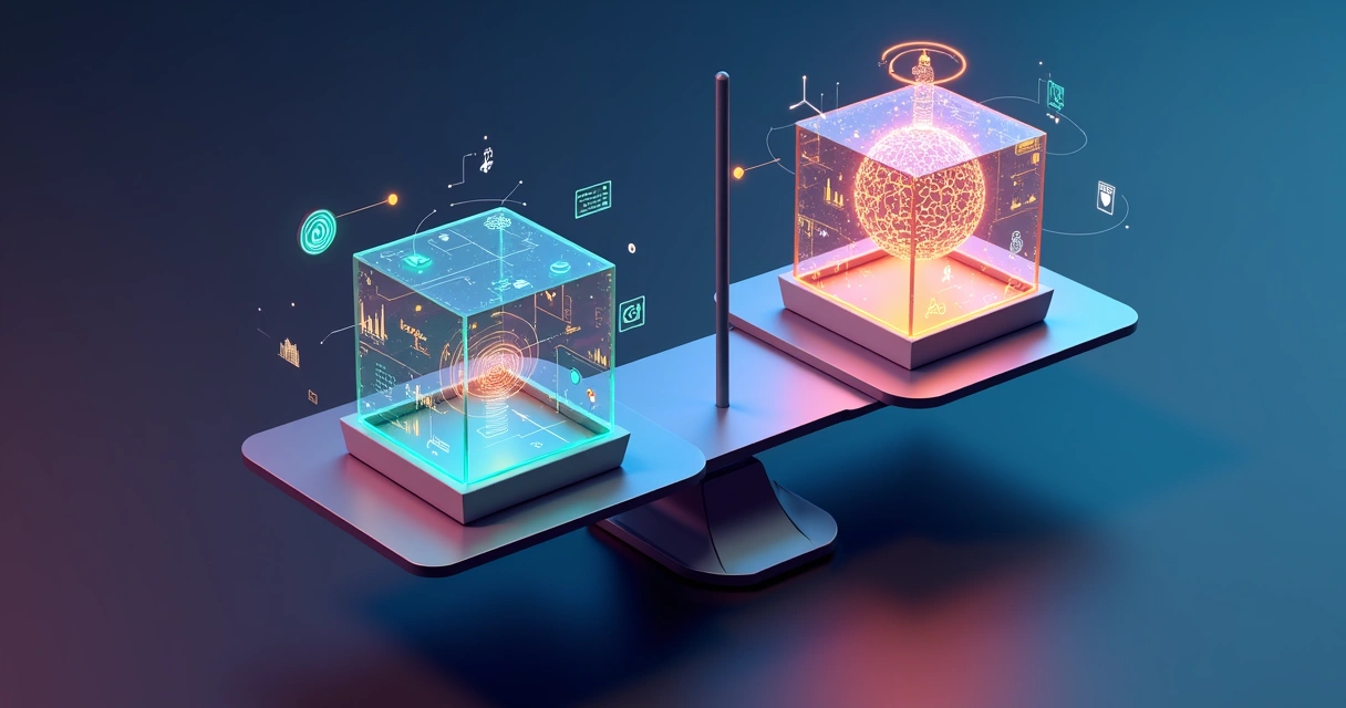Balança digital comparando plataforma de métricas e modelo interno de IA 