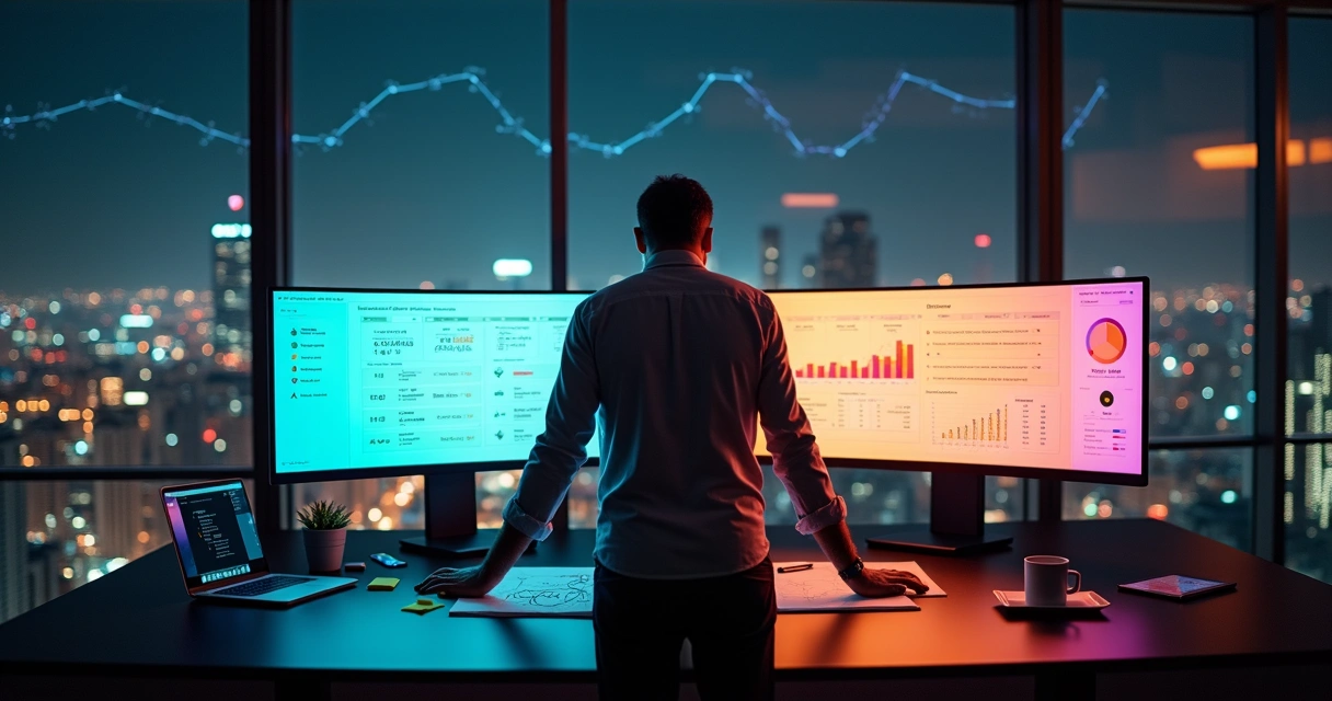 Profissional de agência digital comparando duas plataformas de automação lado a lado em ambiente moderno 
