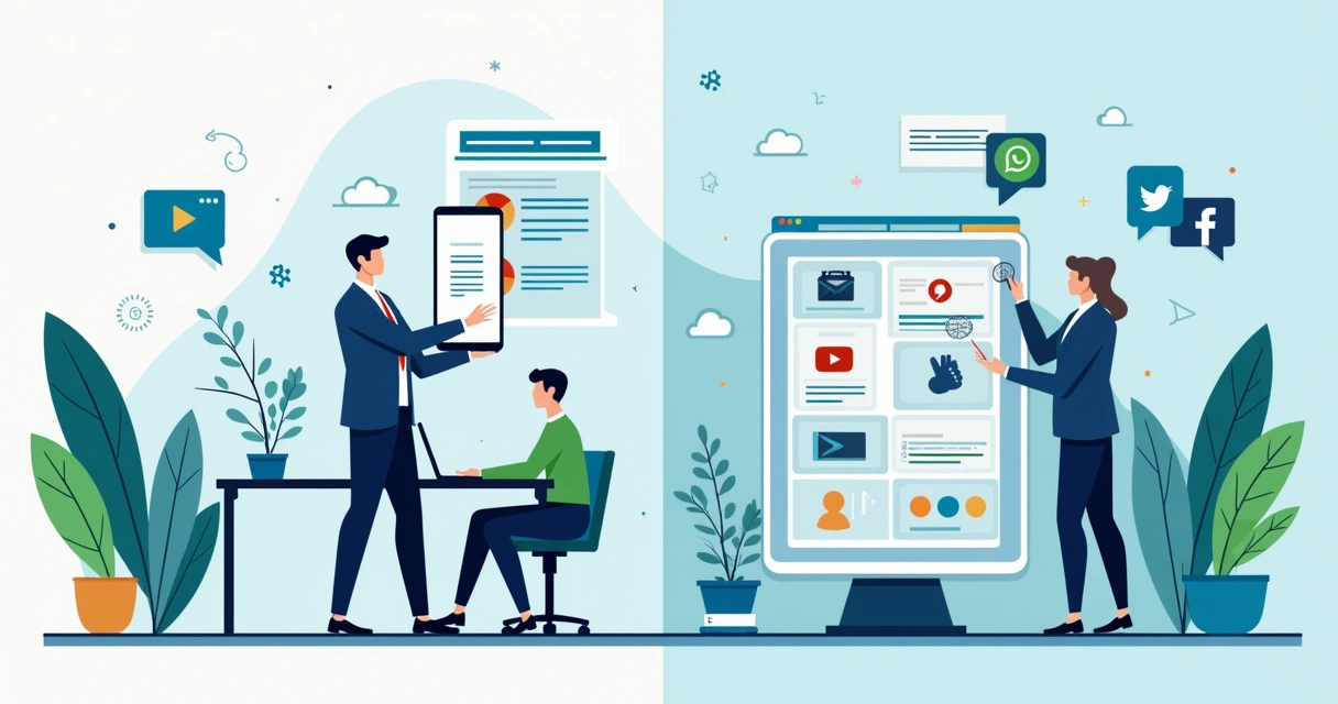 Ilustração corporativa mostrando comparação de plataformas digitais com elementos de catálogos, redes sociais e atendimento via WhatsApp