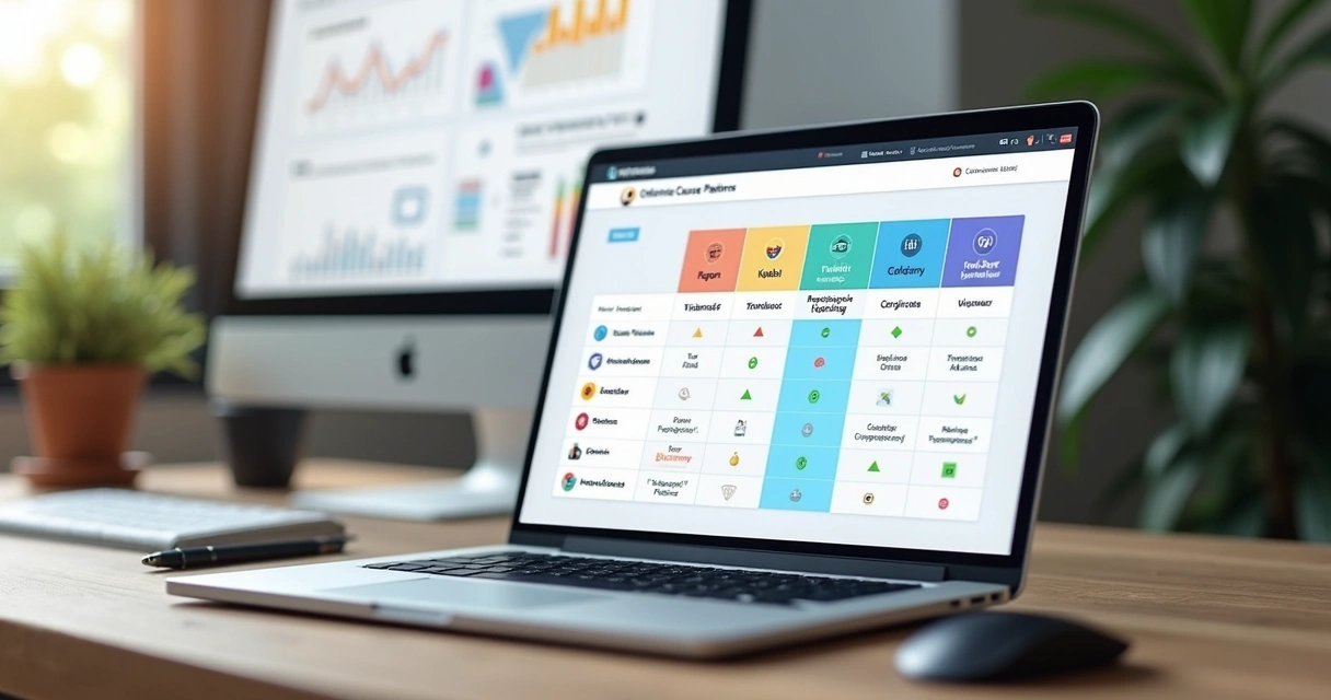 Tela de notebook exibindo várias plataformas de cursos online lado a lado em um painel comparativo 