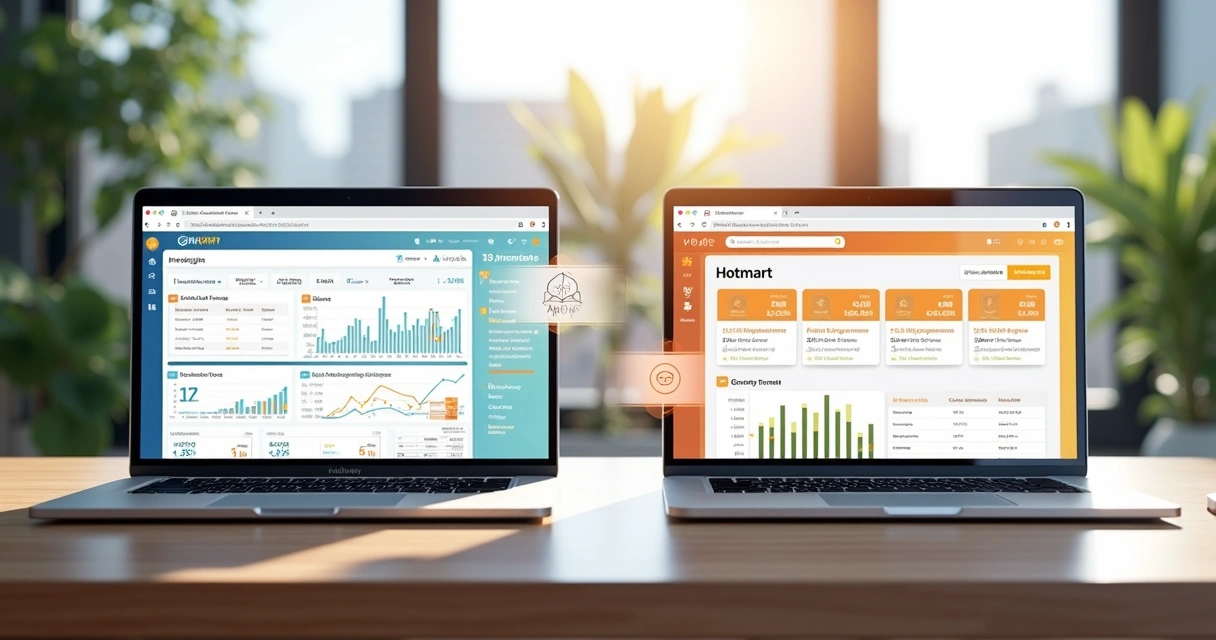Computadores mostrando interfaces de Kiwify e Hotmart lado a lado com gráficos de vendas e ícones de automação 