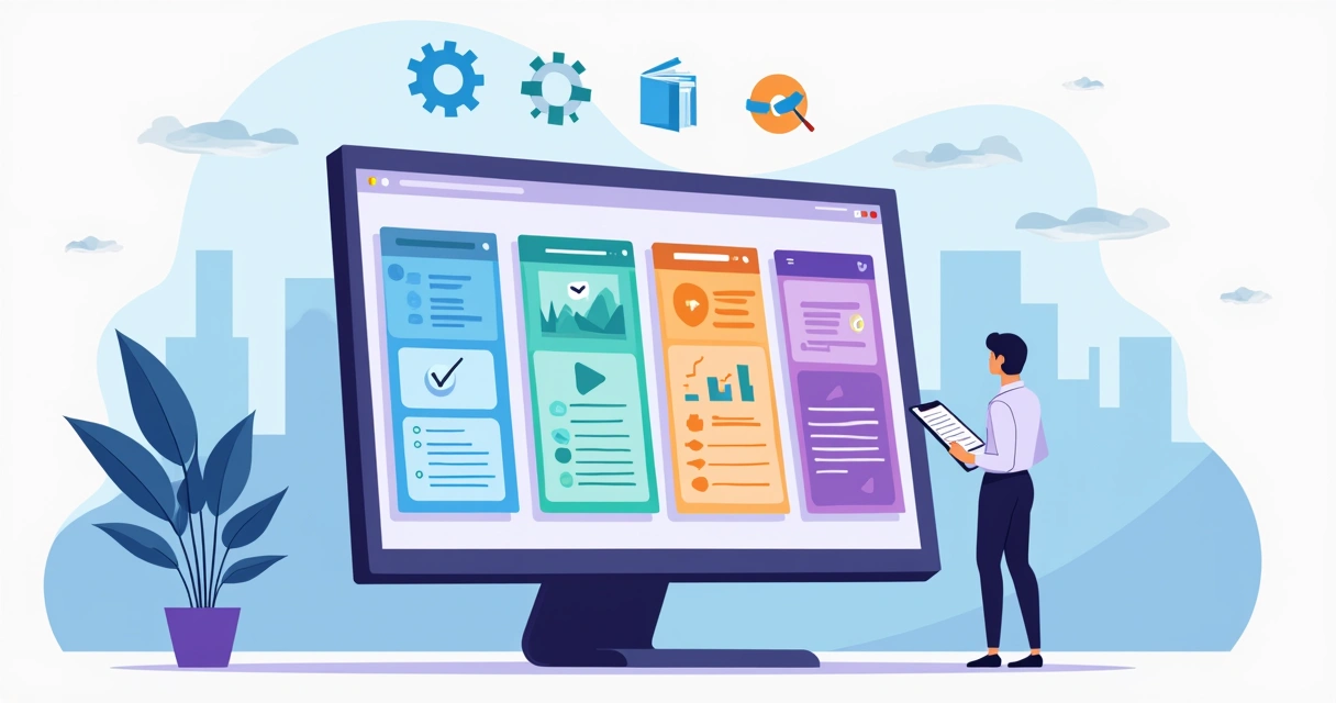 Profissional corporativo comparando telas de plataformas EAD em painel grande 