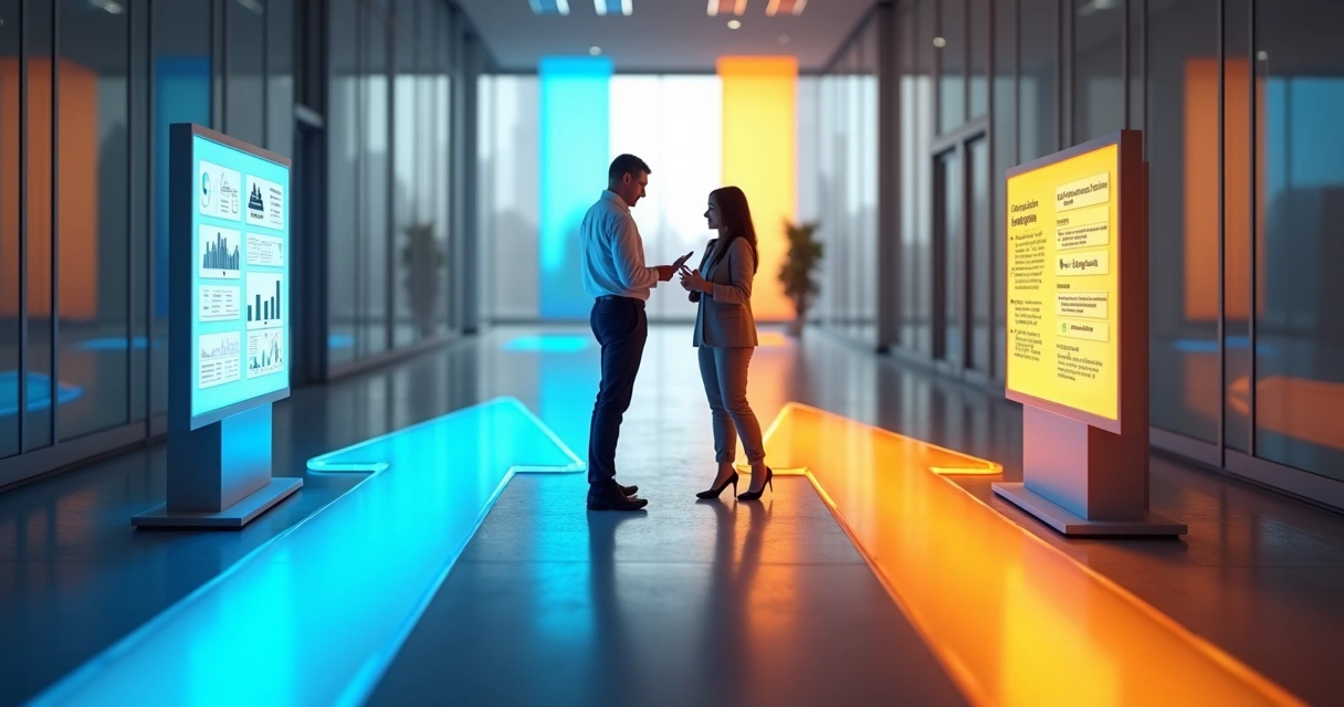 Gestores analisando comparativo visual entre duas plataformas EAD em ambiente corporativo moderno 