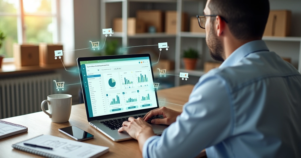 Empreendedor analisando no laptop a comparação entre duas plataformas de e-commerce 