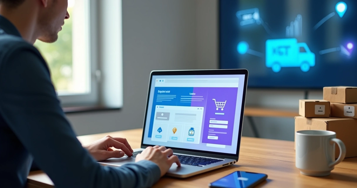 Empreendedora comparando duas plataformas de e-commerce em um notebook 