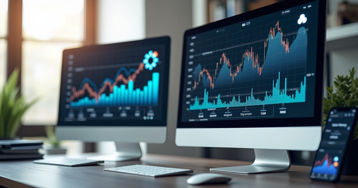 Computadores exibindo gráficos financeiros e ícones de integração bancária em ambiente de escritório moderno 