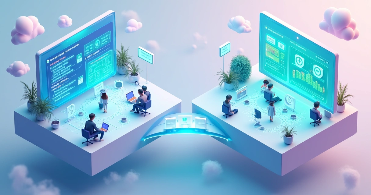 Cenario em 3D com duas ilhas flutuantes representando estilos de gestão diferentes lado a lado 