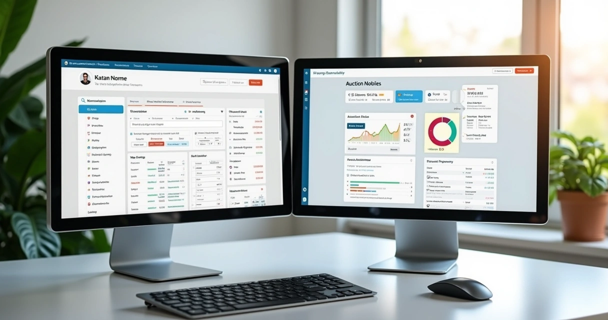 Tela dupla mostrando interfaces modernas de plataformas de leilão de imóveis para iniciantes com gráficos e filtros na tela 
