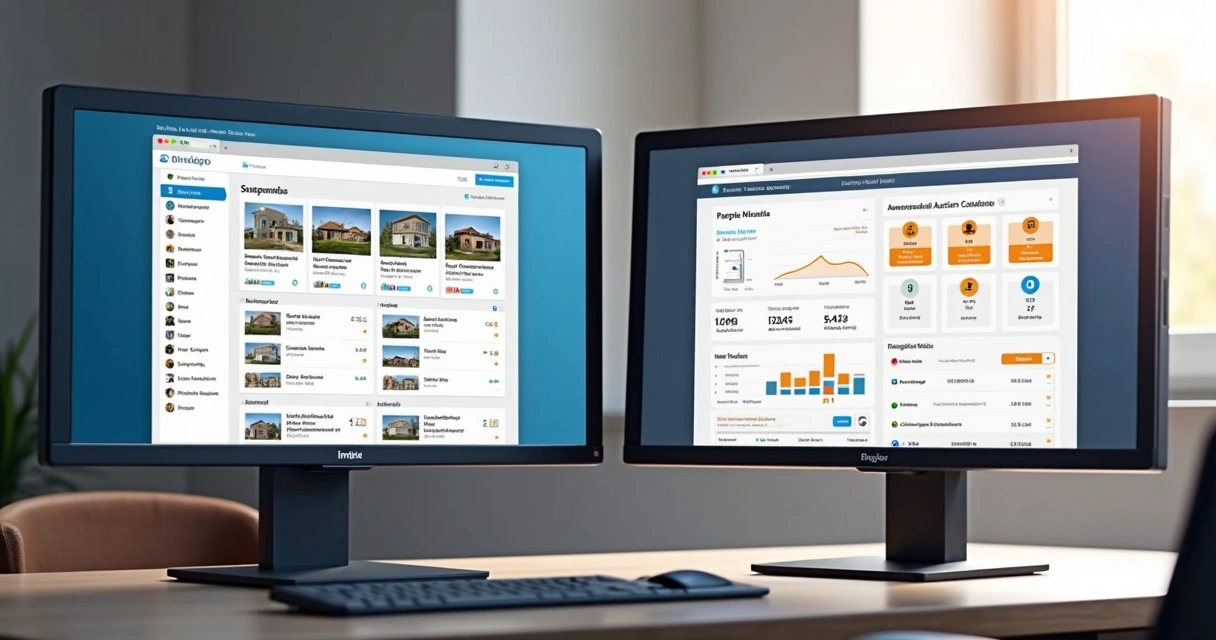 Tela de computador com duas plataformas de leilão imobiliário lado a lado mostrando filtros e gráficos