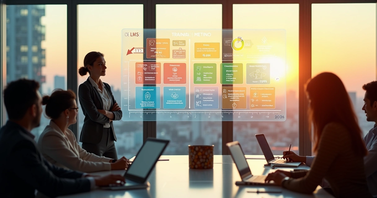 Gestora analisando mural digital com várias plataformas LMS para empresas 