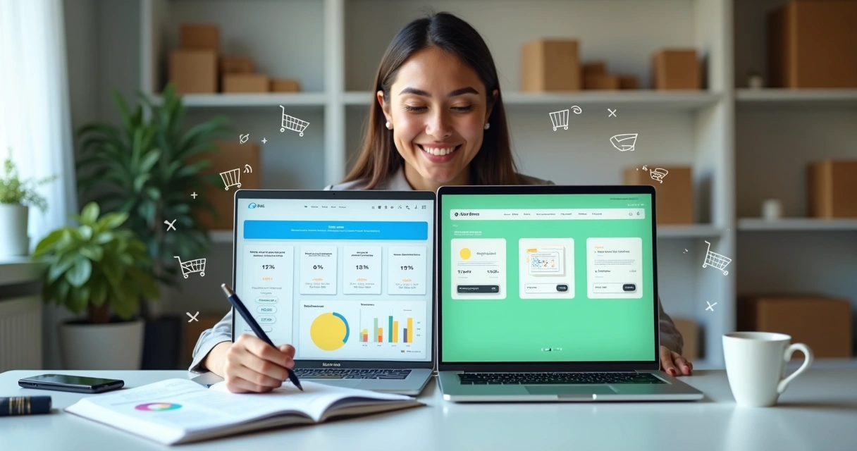 Empreendedora analisando duas plataformas de loja virtual em um notebook 
