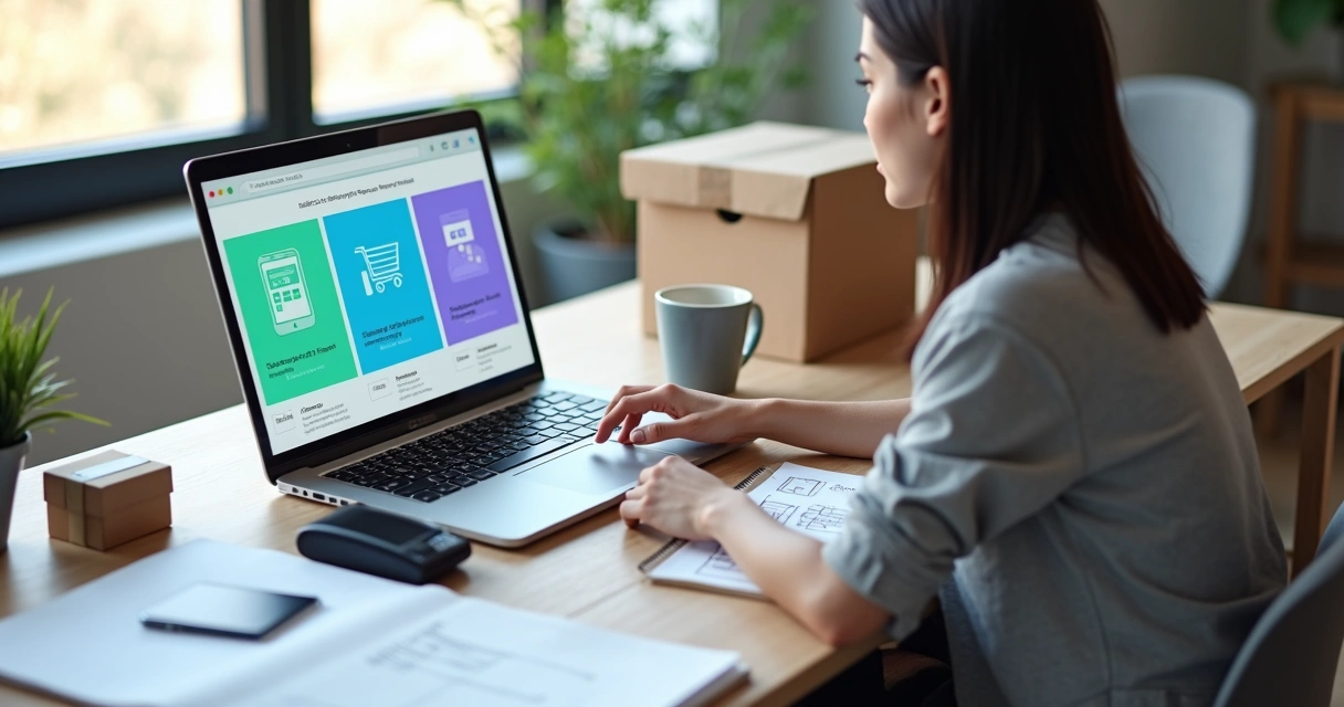 Empreendedora escolhendo entre três plataformas de loja virtual em um notebook 