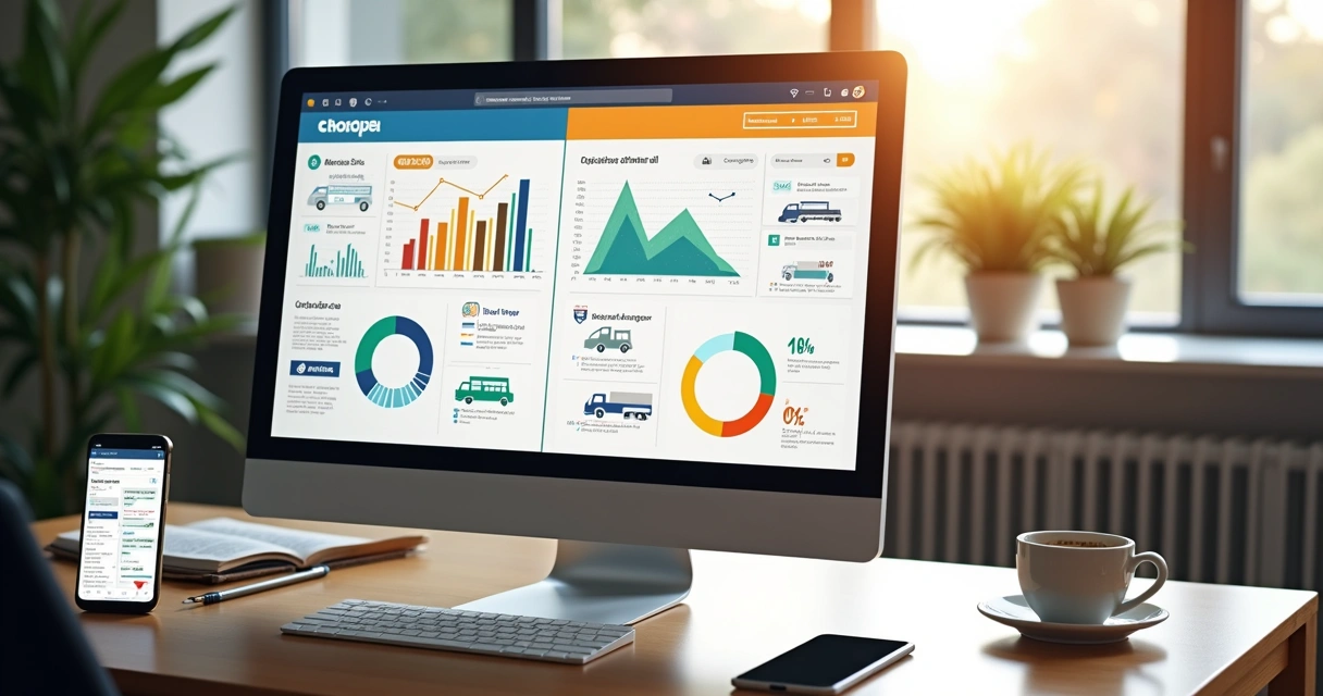 Computador exibindo tela com comparação das plataformas Mercado Livre, Shopee e Amazon, gráficos de vendas e ícones de logística e atendimento 