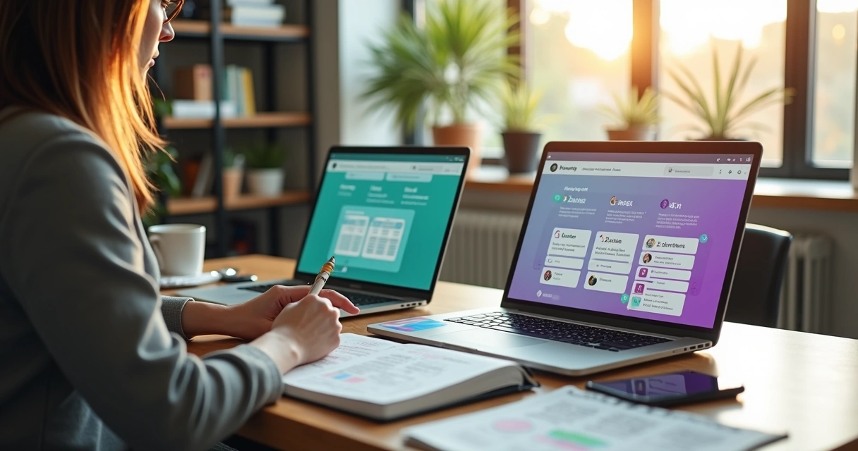 Tela dividida comparando duas plataformas de mentoria com um mentor analisando no laptop 