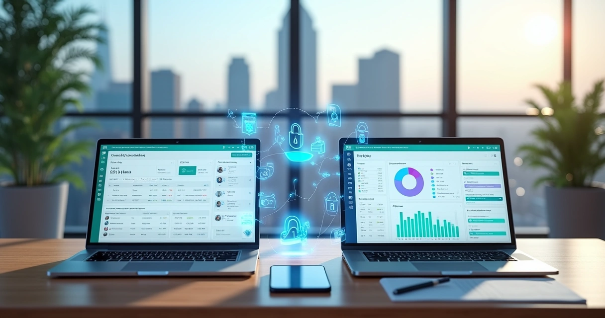 Tela dividida mostrando comparação de duas plataformas de pagamento online em notebooks sobre mesa de escritório moderna 