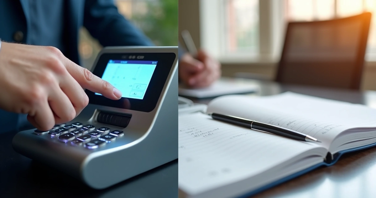 Funcionário insere digital em ponto eletrônico ao lado de um livro de ponto na mesa 