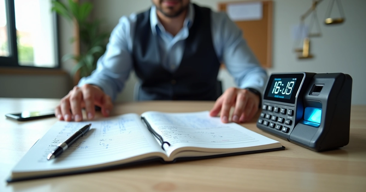 Comparação entre ponto eletrônico moderno e livro de ponto em mesa de escritório 