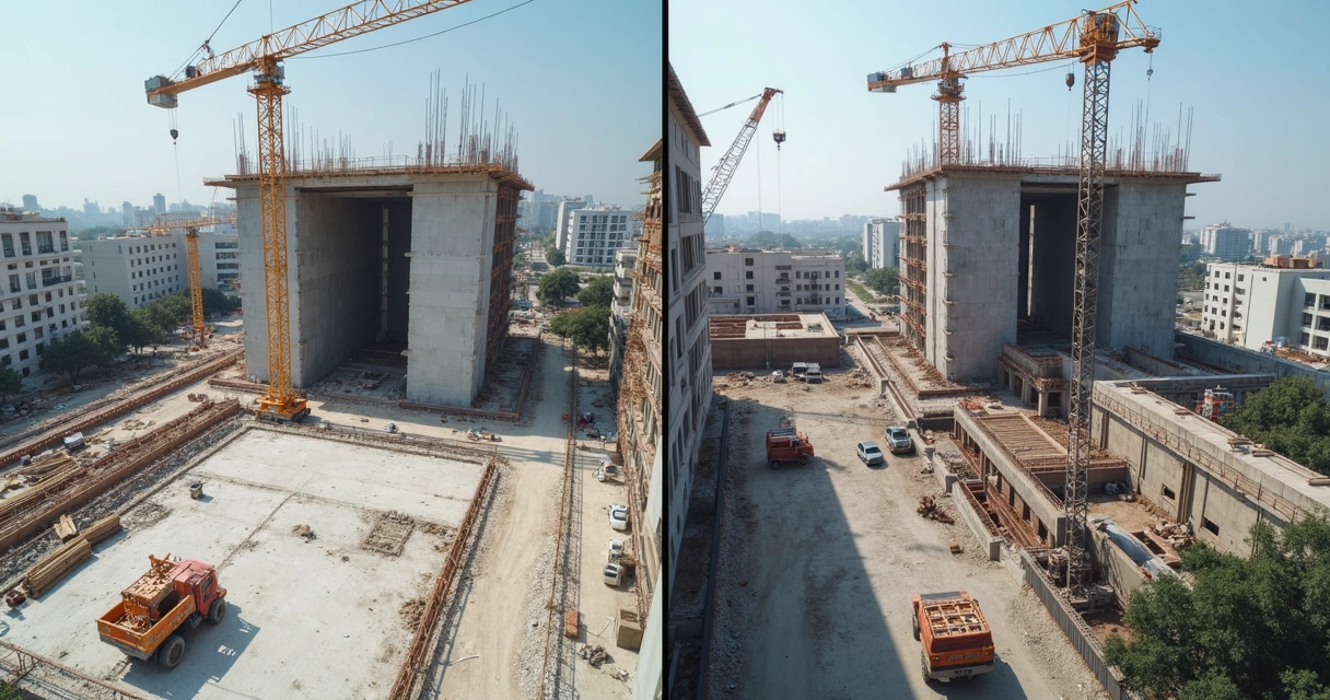 Comparação visual de um mesmo ponto da obra em fases diferentes 