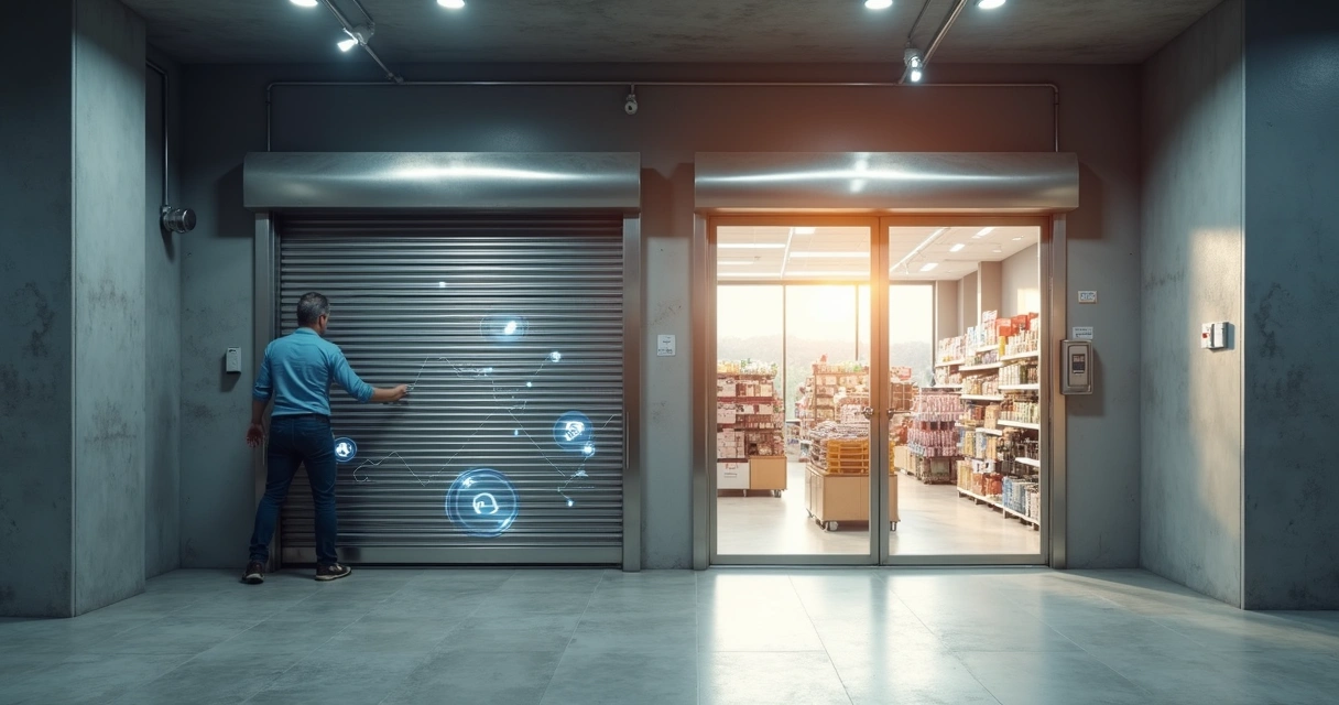 Comparação entre porta automática manual e automatizada em ambiente comercial moderno 