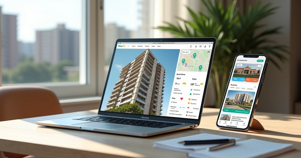 Pessoa compara portais imobiliários e aplicativos de imóveis em notebook e celular na mesa 
