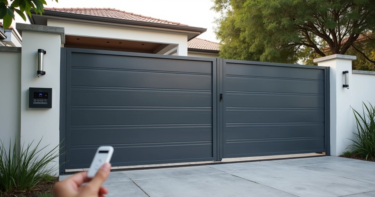 Residência moderna com portão basculante e portão deslizante lado a lado para comparação visual 