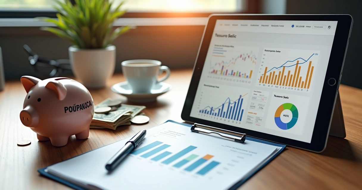 Comparação entre caderneta de poupança e investimento em Tesouro Selic com gráficos financeiros detalhados 