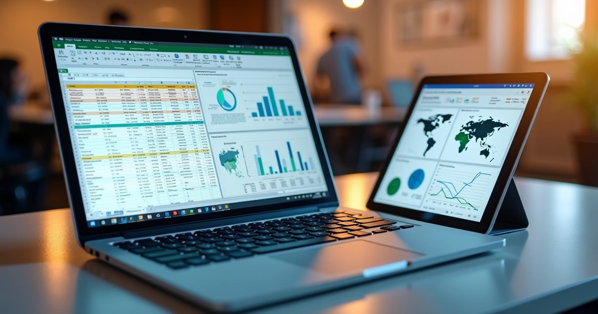 Telas de Excel e Power BI lado a lado com gráficos de dados 