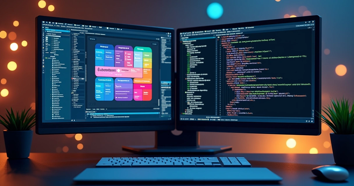 Tela dividida com visual moderno mostrando Power Apps e codificação lado a lado com elementos digitais e tecnológicos detalhados 