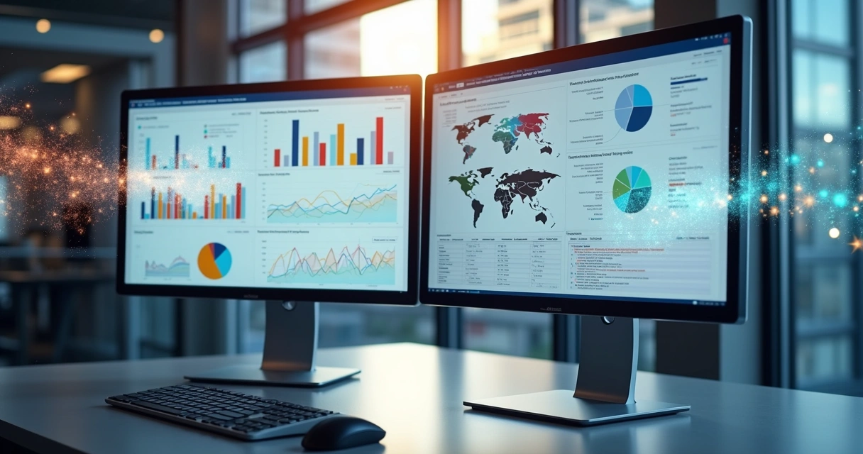 Tela dupla exibindo dashboards detalhados do Power BI e Tableau em monitores lado a lado, com gráficos coloridos e interface moderna 