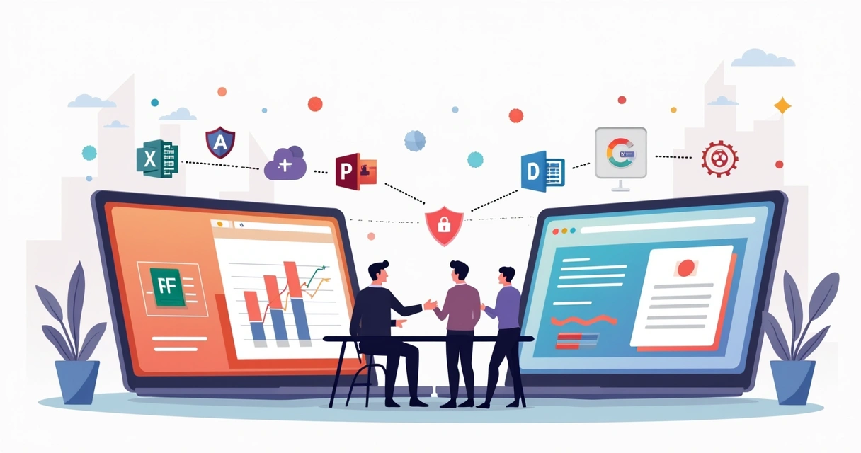 Ilustração comparando PowerPoint e Canva no contexto corporativo com integração Microsoft 